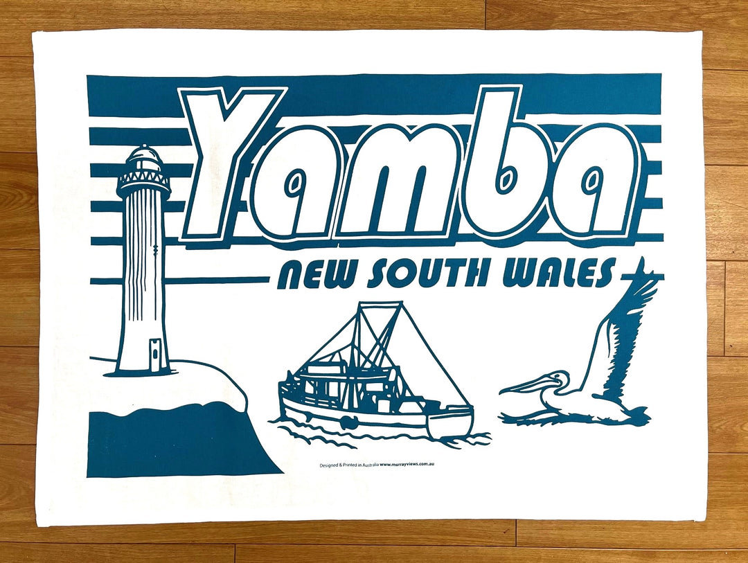 YAMBA SOUVENIR TEA TOWEL TRAWLER AND LIGHTHOUSE