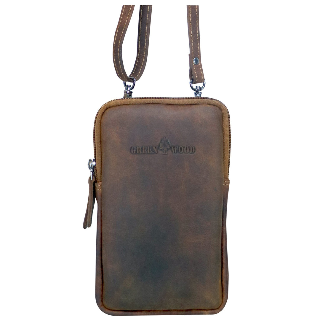 GREEN WOOD LEATHER SMALL MOBILE PHONE CROSSBODY BAG CAMEL GW22028