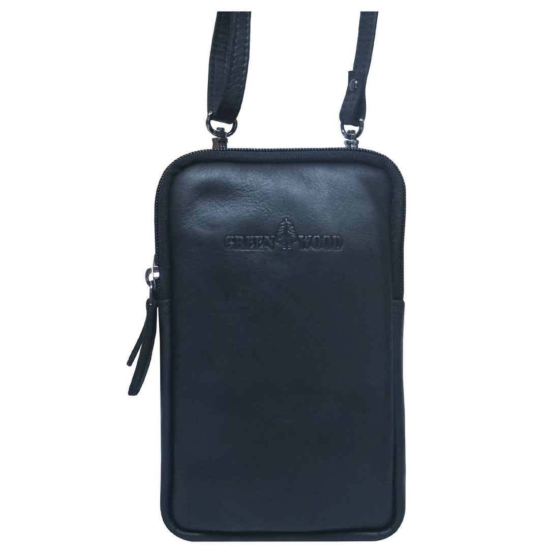 GREEN WOOD LEATHER SMALL MOBILE PHONE CROSSBODY BAG BLACK GW22028