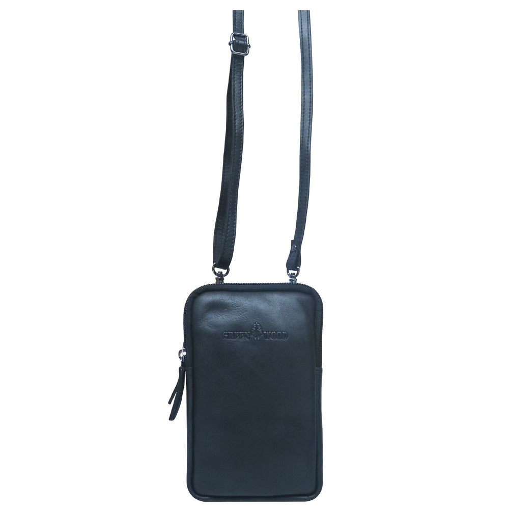 GREEN WOOD LEATHER SMALL MOBILE PHONE CROSSBODY BAG BLACK GW22028
