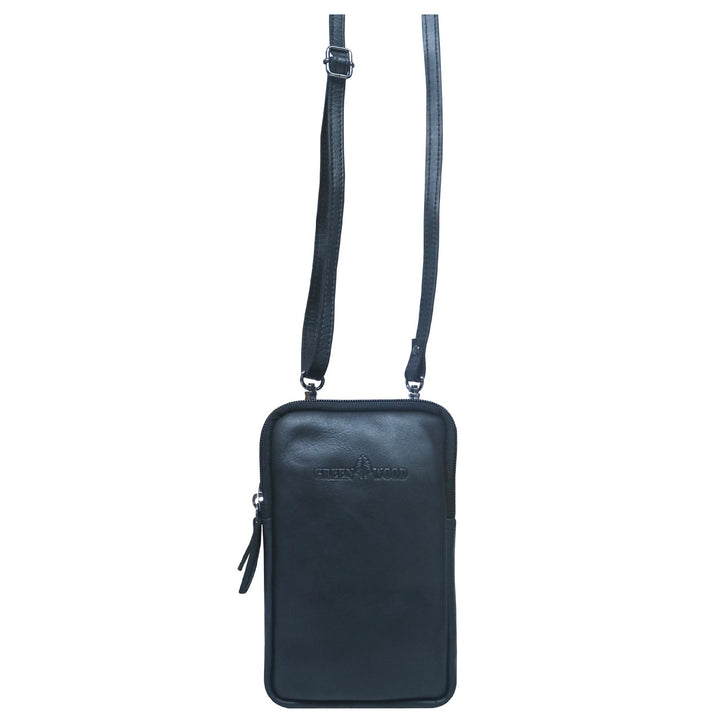 GREEN WOOD LEATHER SMALL MOBILE PHONE CROSSBODY BAG BLACK GW22028