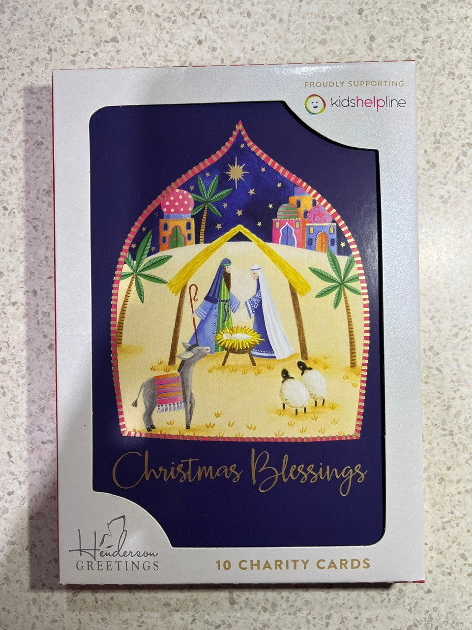 BOXED 10 CARDS BLUE NATIVITY SCENE